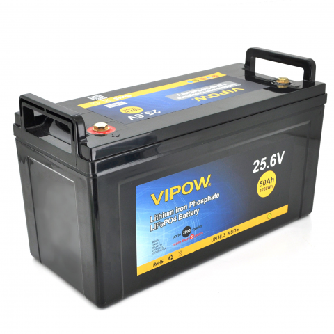 Будь заряжен Аккумуляторы  Аккумуляторная батарея Vipow LiFePO4 25,6V 50Ah  со встроенной ВМS платой 40A (330*175*225)