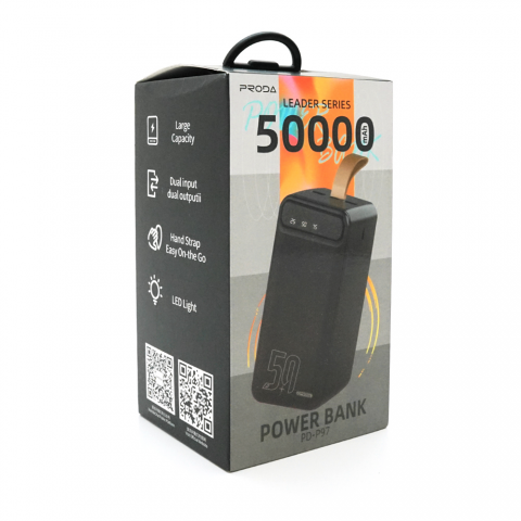 Будь заряжен Power Bank - Павербанк Powerbank PRODA PD-P97 50000mAh, 10W, 2xUSB+Type C, Black/White, (900g), Box