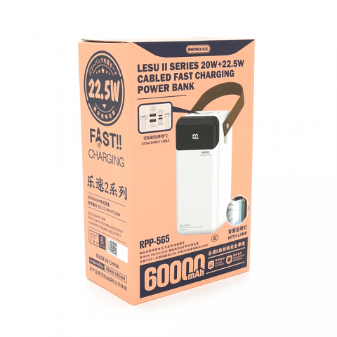 Power Bank Remax RPP-565 60000mAh, 2USB+Type-C+Lightning, QC/PD, 22.5W, Black/White, 1.34kg