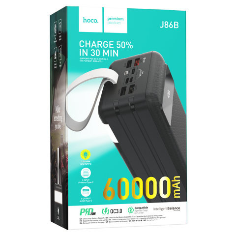 Power Bank HOCO J86B 60000mAh, 4USB+2Type-C+Lighting+micro, 22.5W+PD20W, фонарик, Black, 1.33kg