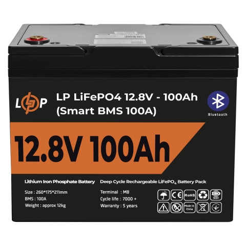 Будь заряджений Акумулятори Аккумулятор LP LiFePO4 12V (12,8V) - 100 Ah (1280Wh) (Smart BMS 100А) с BT пластик