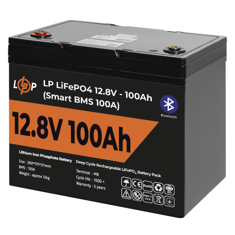Будь заряджений Акумулятори Аккумулятор LP LiFePO4 12V (12,8V) - 100 Ah (1280Wh) (Smart BMS 100А) с BT пластик
