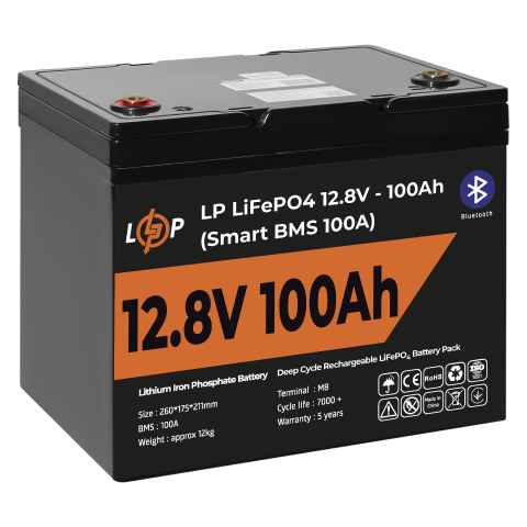 Будь заряджений Акумулятори Аккумулятор LP LiFePO4 12V (12,8V) - 100 Ah (1280Wh) (Smart BMS 100А) с BT пластик