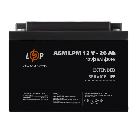 Будь заряджений Акумулятори Аккумулятор AGM LPM 12V - 26 Ah под болт М5