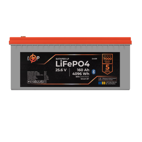 Будь заряжен Аккумуляторы  Аккумулятор LP LiFePO4 25,6V - 160 Ah (4096Wh) (BMS 200A/100А) пластик LCD Smart BT