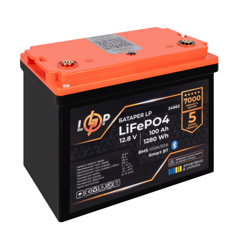Будь заряджений Акумулятори Аккумулятор LP LiFePO4 12,8V - 100 Ah (1280Wh) (BMS 100A/50А) пластик Smart BT
