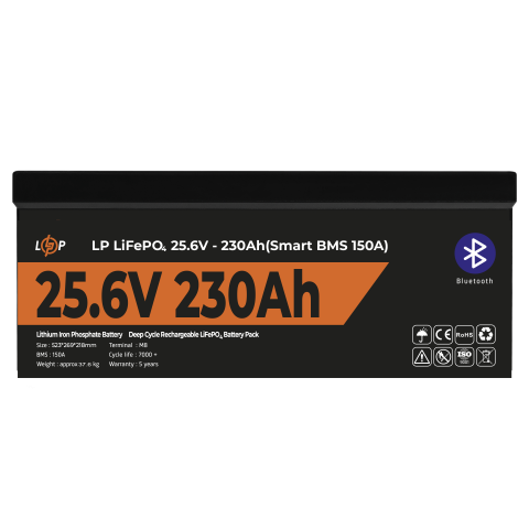 Будь заряжен Аккумуляторы  Аккумулятор LP LiFePO4 25,6V - 230 Ah (5888Wh) (Smart BMS 150А) с BT пластик