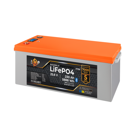 Будь заряжен Аккумуляторы  Аккумулятор LP LiFePO4 25,6V - 230 Ah (5888Wh) (BMS 200A/100А) пластик LCD Smart BT