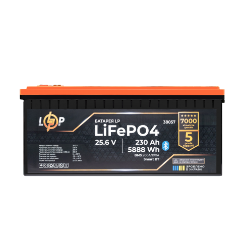 Будь заряжен Аккумуляторы  Аккумулятор LP LiFePO4 25,6V - 230 Ah (5888Wh) (BMS 200A/100А) пластик Smart BT